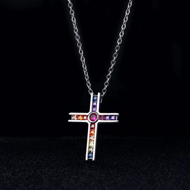 Продается заполненный 925 пробы Серебряный паве AAA CZ крошечный Радужный крест кулон красочное ожерелье CZ Очаровательное ожерелье ювелирные изделия для женщин