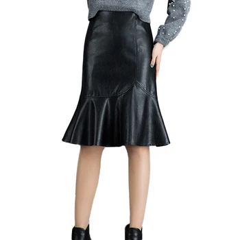 

2018 Plain Faux Leather Skirt Black Mid Waist Zip Front Sexy PU Skirt Women Elegant Office Lady Knee Knee-Length Mermaid Skirt