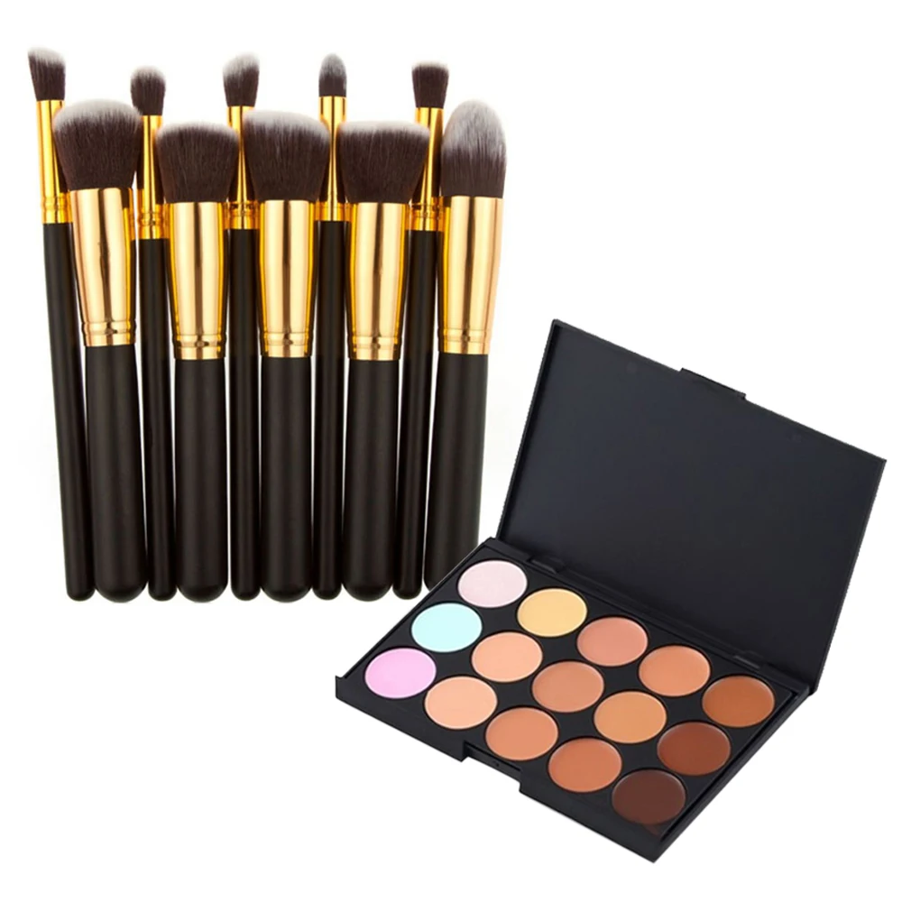 

15 Color Makeup Concealer and 10pcs Make Up Brushes New comestic brushes Bamboo Makeup Brush Set