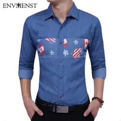Envmenst Новое поступление 2017 года Для мужчин Рубашки для мальчиков Slim Fit Для мужчин с длинным рукавом с рисунком флага Лоскутная рубашка Для