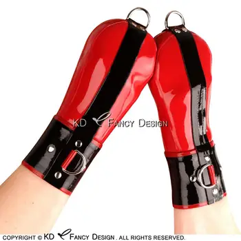 

Black With Red Sexy Short Latex Gloves With D Ring Zipper And Keys Rubber Mittens Rubber Gloves ST-0038