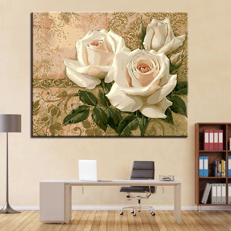 

Oil Paint Painting By Numbers DIY Drawing White Roses Coloring Pictures On Canvas By Hand Framework Wall Modular Paints Artwork