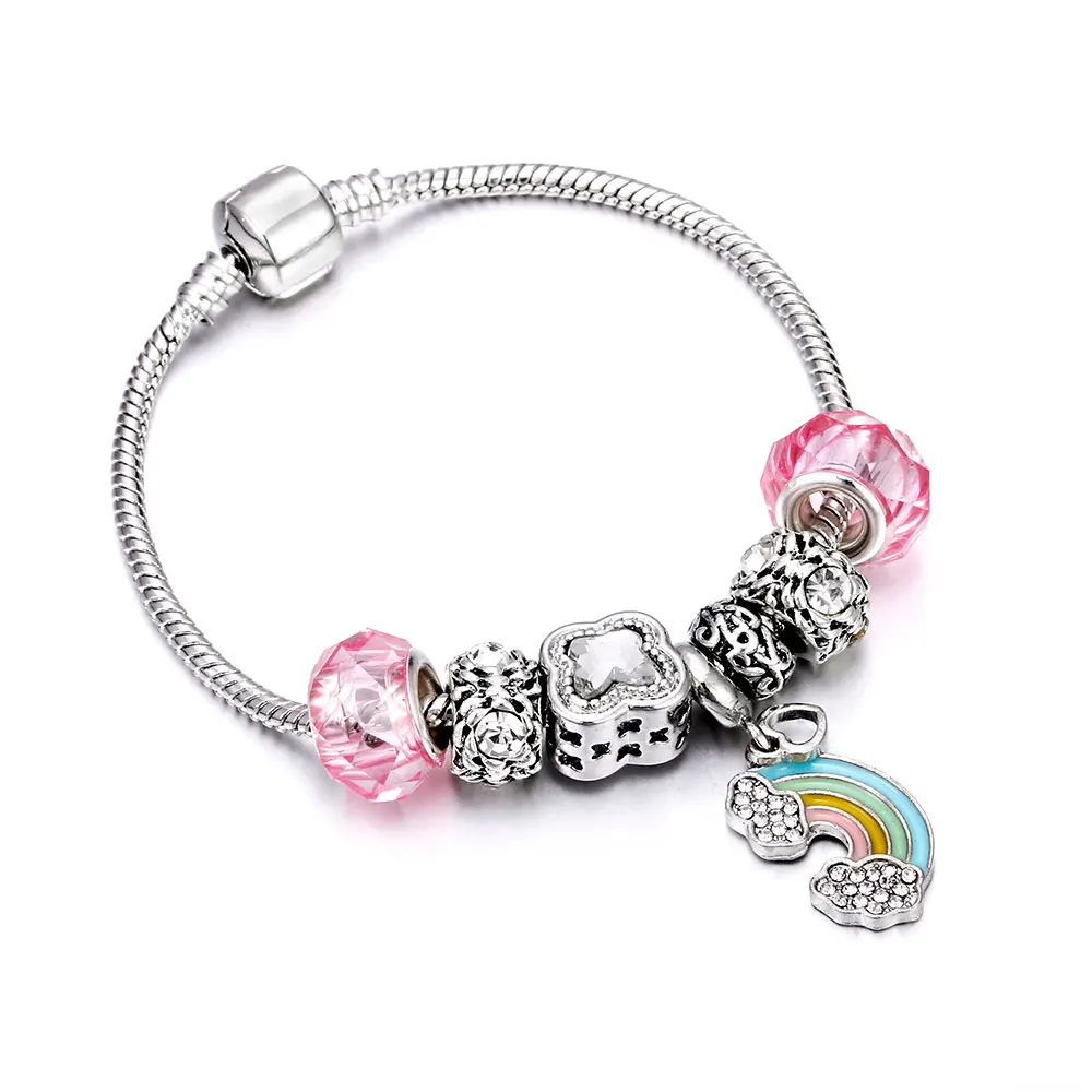 Модные серебряные очаровательные браслеты для женщин розовый кристалл цветок бусины ювелирное изделие, цепь в виде змеи Fit бренд браслет дропшиппинг - Окраска металла: style 3
