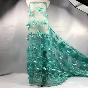 

Green Wonderful 3D French Lace Fabric Nigerian net lace With flower and Green Tulle Laces Fabrics for wedding party clothing