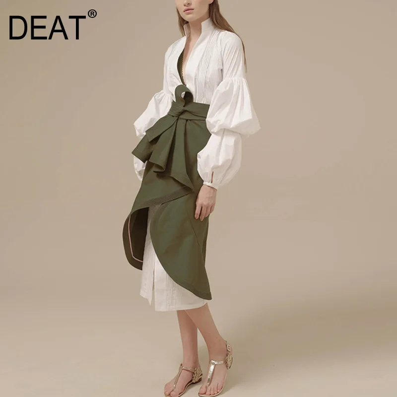 

DEAT 2019 new puff sleeves lace hollow out V-neck stand collar white sexy dress and high waist asymmetrical skirt SET WG50306L