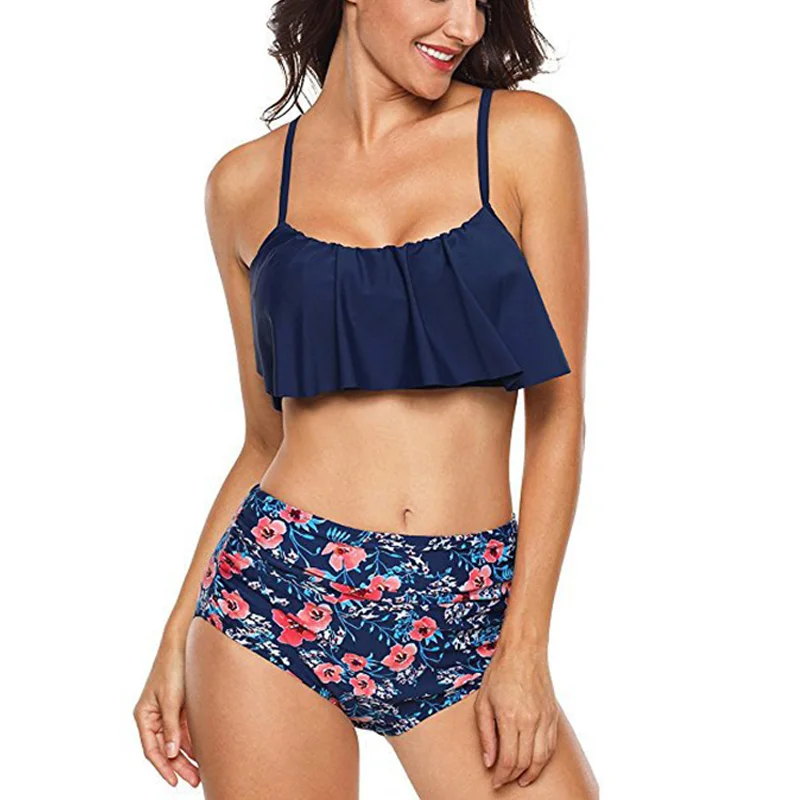 High Waist Bikini Ruffle Women Swim Bathing Suit Off Shoulder Swimwear Push Up Swimsuit Green White Beachwear Bikinis 2019 Mujer