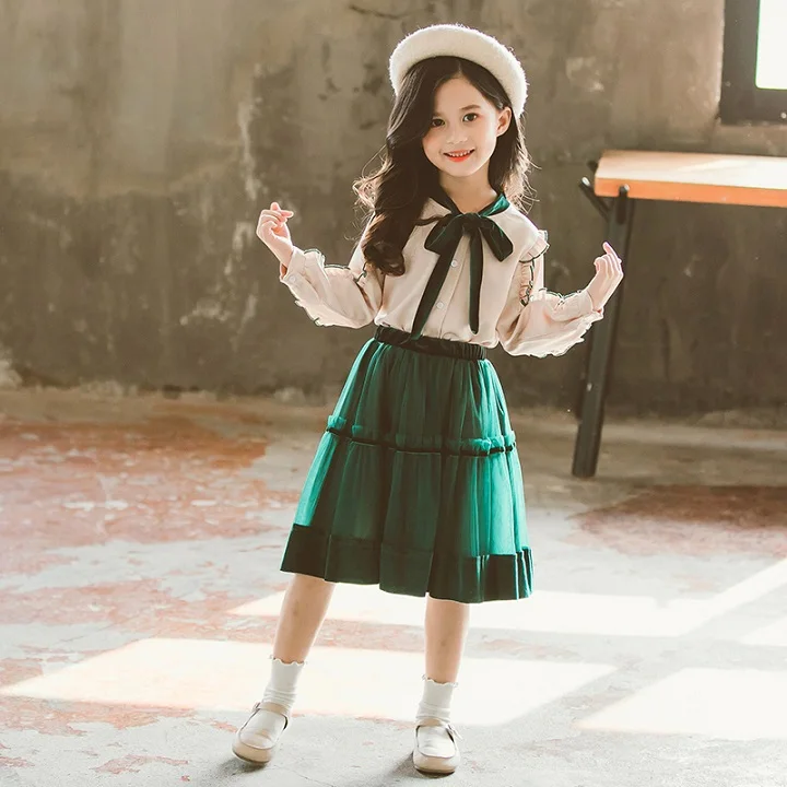 Preppy Style Girls Clothes Sets Spring Autumn Long Sleeve Shirts + Shirts 2PC Baby Kids Clothes Casual Teenager School Uniform