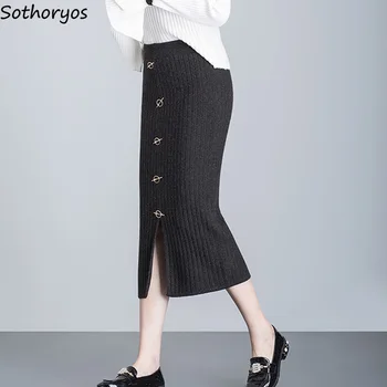 

Skirts Women Thicker Knitting High Waist Solid Simple All-match Elegant Long Skirt Womens Winter Slim Elastic Moda Mujer 2020