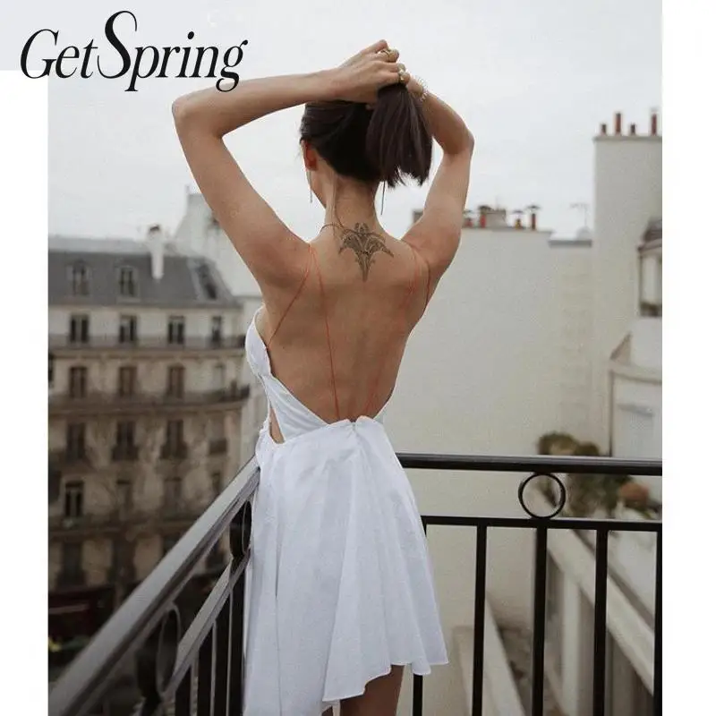 

GETSRING Women Dress Irregular Hollow Sleeveless Sling Dresses Irregular White Cotton Summer Sexy Vintage Women Clothes 2019 New