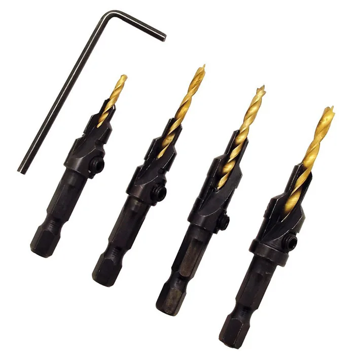 Oferta! 4 Uds HSS taladro avellanador de carpintería 1/4 vástago hexagonal  cortador de agujeros para madera suelo de madera con juego de llaves|drill  1/4|wood holehex shank - AliExpress