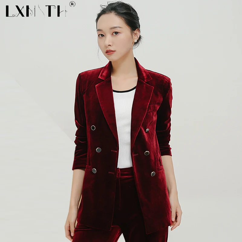 

3XL Velour Velvet Blazer Double Breasted Velour Top Notched Blazer Mujer 2019 Midi Length Mujeres Blazers y chaquetas Big Size