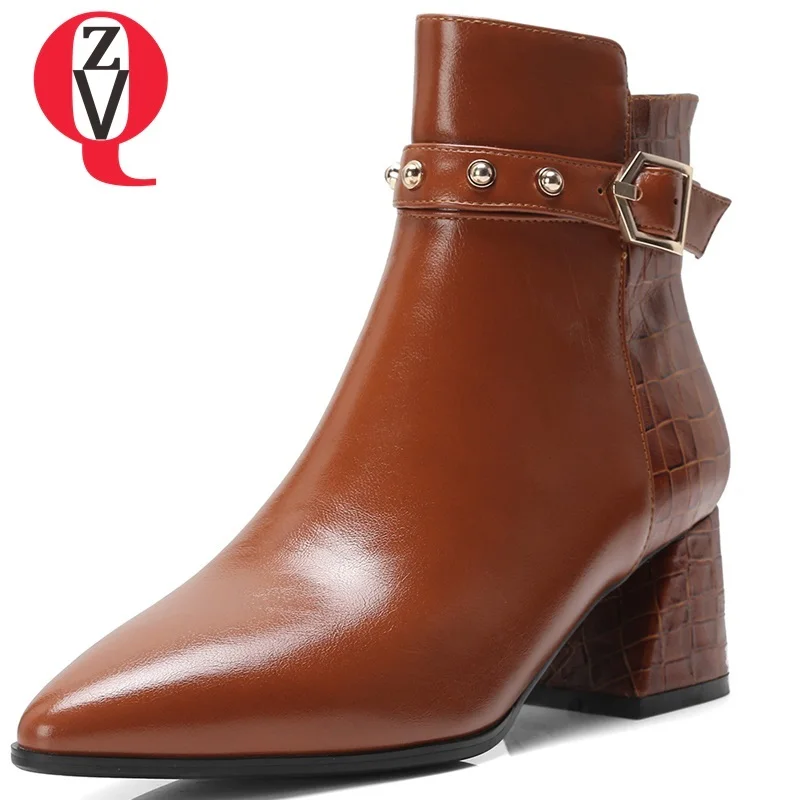 

ZVQ shoes women 2018 new popular fashion pointed toe black and brown metal rivet high square heel zip winter office ankle boots