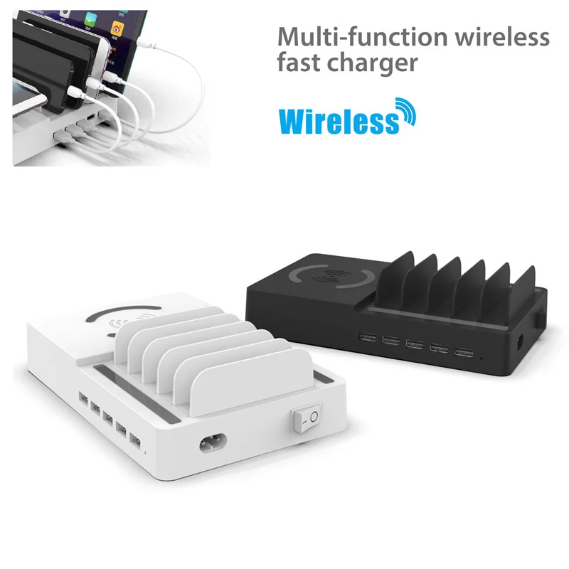 

Multi-Port USB Smart QI Charging Desktop Dock Charger with Wireless Multi-Function Charger AC 100-240V 30W 5 USB Phone Charging