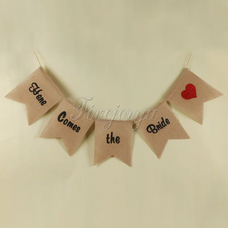 Fashion Burlap Banner Flags Bunting "Here Comes the Bride" Sign for