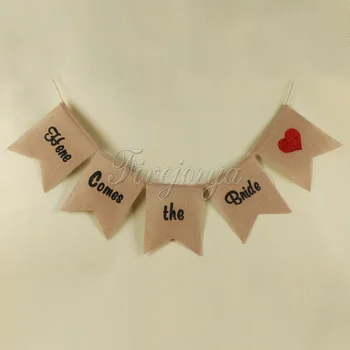 

Fashion Burlap Banner Flags Bunting "Here Comes the Bride" Sign for Rustic Wedding Decoration Wedding Props Flags and Banner