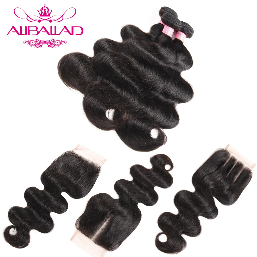 Aliballad Hair Brazilian Body Wave Hair Weave 3 Bundles With Closure 4x4 Inch Free Part Non Remy Human Hair Bundles With Closure