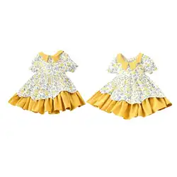 Летнее платье с короткими рукавами и цветочным узором для маленьких девочек; изящный сарафан необычного дизайна; наряды 2-7T