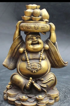 

10" Chinese Bronze Yuan bao Treasure Bowl Happy Laugh Big Buddha Statue