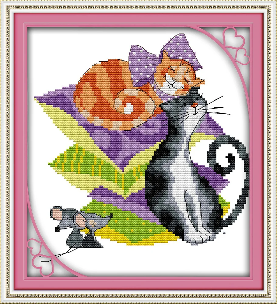 Two Cats and mice Canvas DMC Counted Cross Stitch Kits printed Cross