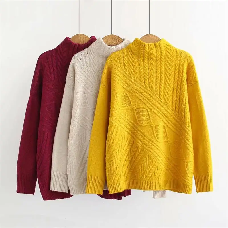 Koop Plus size coltrui vrouwen Gebreide trui 2018 dark red amp; yellow amp; Beige herfst winter dames trui wol vrouwelijke