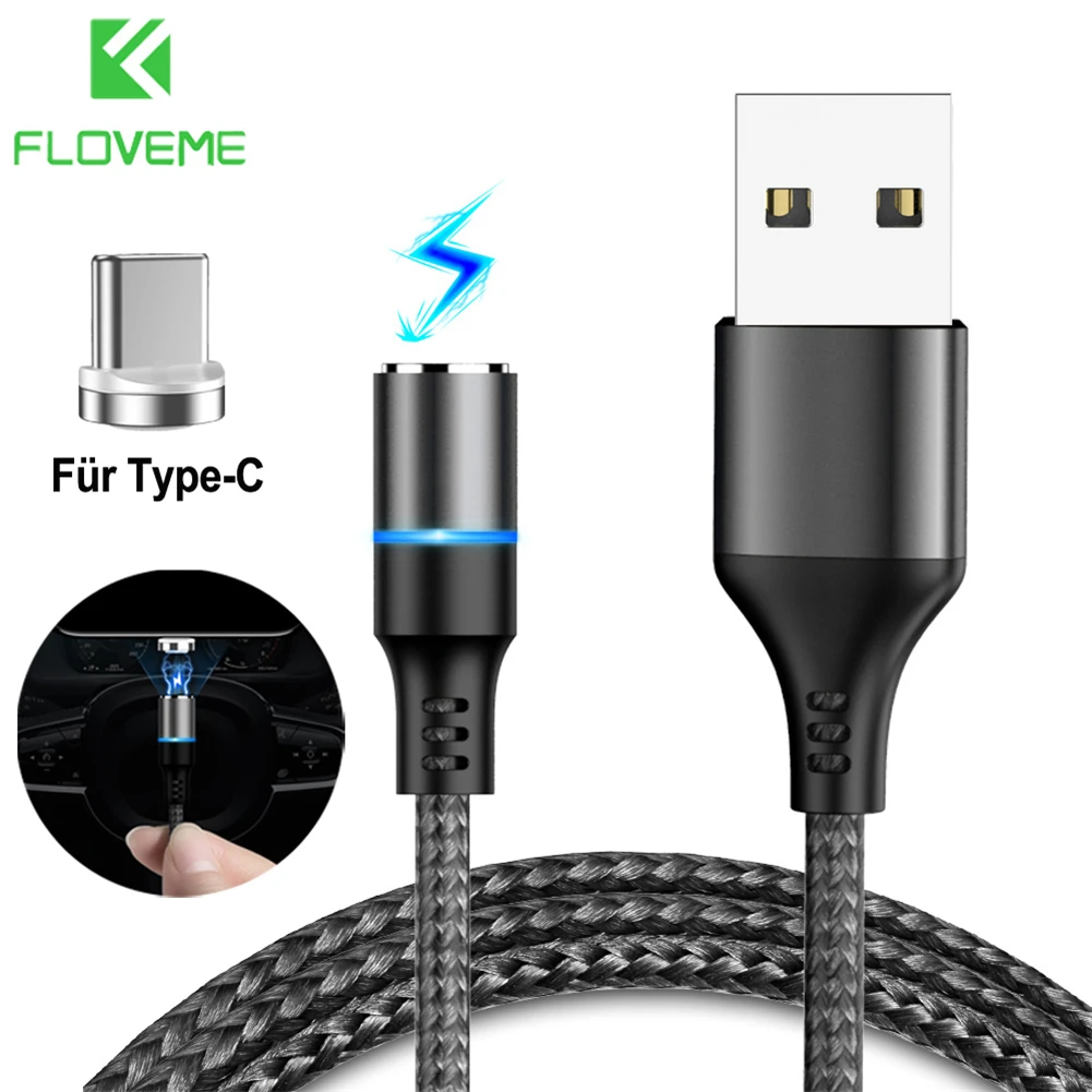 Floveme нейлоновый Плетеный 3A Быстрая Зарядка синхронизация USB-C type-C сильный Магнитный зарядный кабель для передачи данных мягкий для samsung huawei Xiaomi светодиодный 1 м