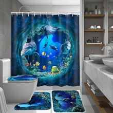 

Ocean Dolphin Deep Sea Polyester Shower Curtain Bathroom Waterproof with 10 Hooks Pedestal Rug Lid Toilet Cover Bath Mat Set