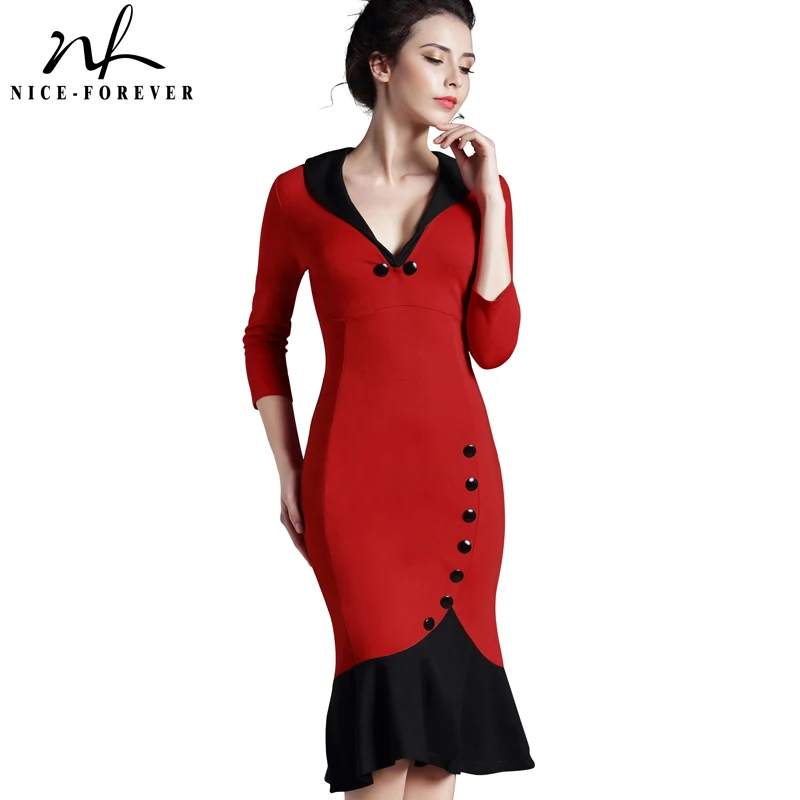 

Nice-forever Mermaid Button Autumn 3/4 Sleeve red New Vintage dress V neck formal work bodycon office Wiggle Midi dress b27