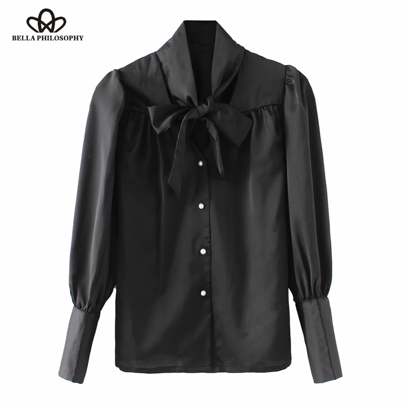

Bella Philosophy Autumn Winter chiffon women blouse satin Shirt ladies silk blouse top long sleeve bow tie female blusas pearl