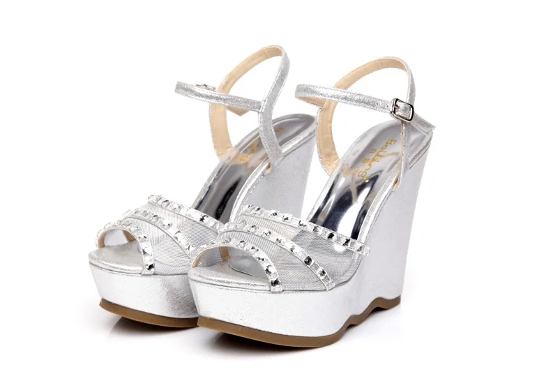 38_2016 Summer Fashion Elegant Footwear Peep Toe Black High Heeled Platform Sandals Silver Diamond Wedges Shoes Women Small Size