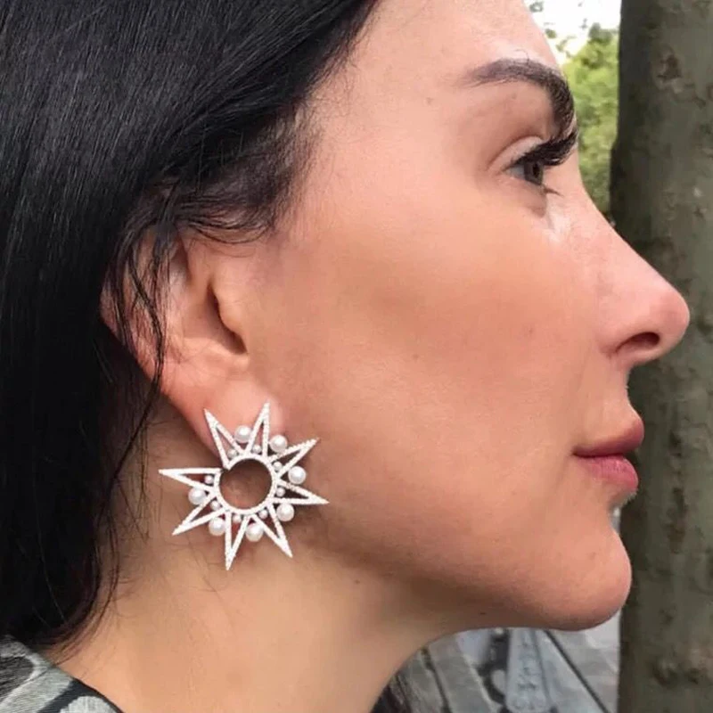 

Tocona Sweet Exquisite Pearl Rhinestone Snowflake Star Stud Earrings For Women Girl Silver Gold Color Hollow Bride Jewelry 2693