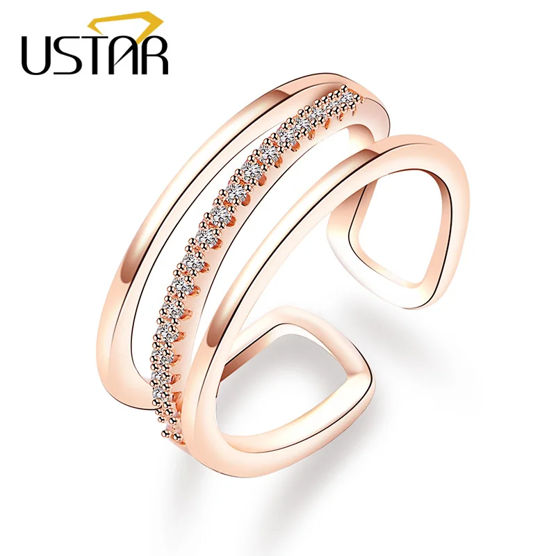 

USTAR New Crystals Opening wedding Rings for women Rose Gold color engagement rings female Jewelry Anel bijoux adjustable size