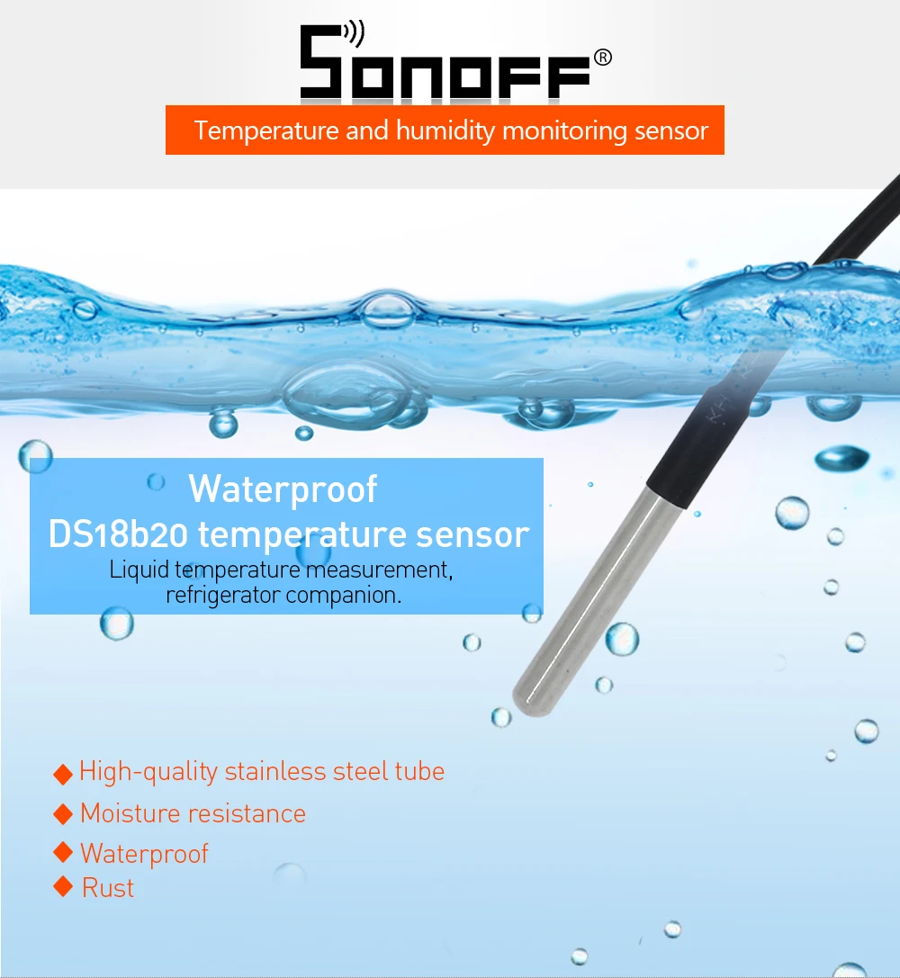 Sonoff DS18B20 датчик температуры зонд водонепроницаемый монитор Высокая точность модуль для TH10 TH16 Wifi беспроводной пульт дистанционного управления