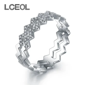 

LCEOL Fashion French Brand Monaco Jewelry Double Layer Wave Rings for Charm Women White Gold Color Knuckle Ring With AAA Zircon