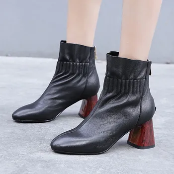 

MLJUESE 2019 women ankle boots Cow leather Rome style zippers winter short plush high heels women boots female boots size 40