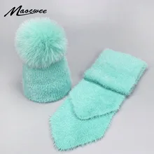 Комплект из 2 предметов, новинка, зимняя шапка с лисьим помпоном и кроличьим мехом и шарф для женщин и девочек, Хлопковая женская зимняя вязаная шапка, Повседневная одноцветная