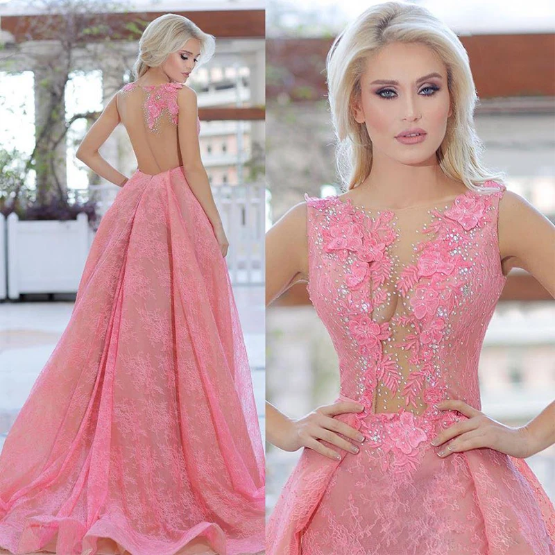 

Pink Mermaid Evening Dresses 2019 With Detachable Train Sheer Neck Sleeveless Lace Prom Dress Bead Abric Dubai Evening Gowns