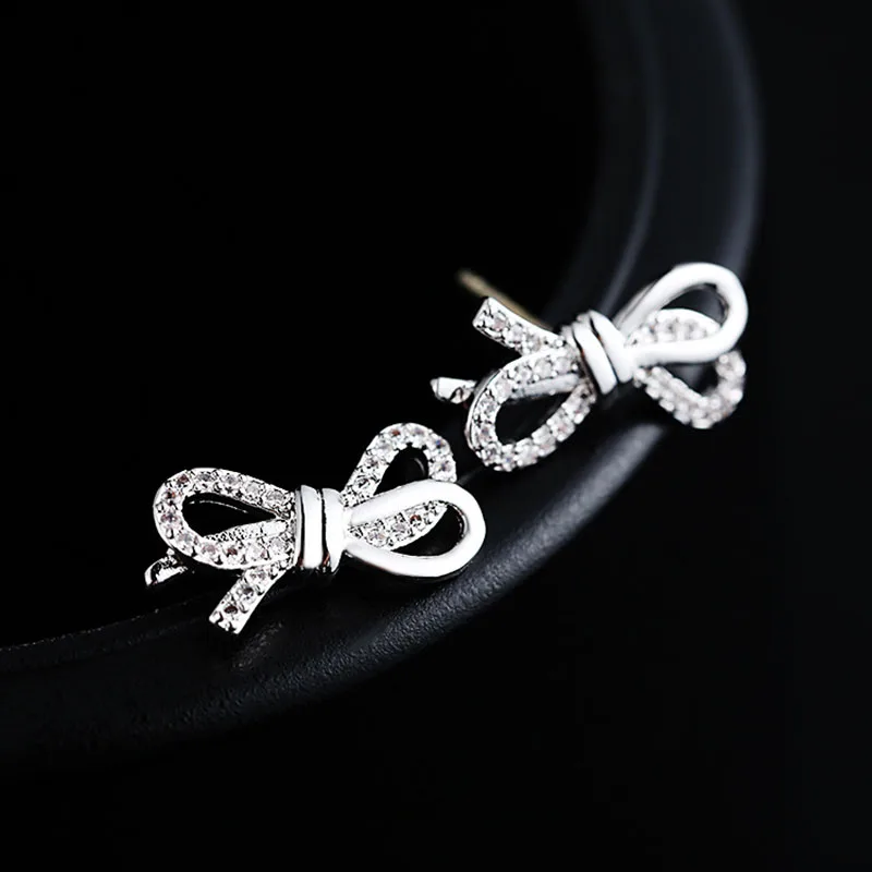 

Delicate Silver Color Bow Tie Cubic Zirconia Earrings Crystal Geometric Bowknot Shape Stud Earrings For Women Fashion Korean