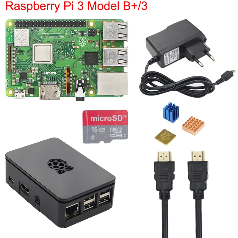 Оригинальный Raspberry Pi 3 B + Starter Kit + чехол + 2.5A Питание + 16 32 ГБ SD Card + радиатор для Raspberry Pi 3 Модель B + Plus Оригинальный Raspberry Pi 3 B + Starter Kit + чехол + 2.5A Питание + 16 32 ГБ SD Card + радиатор для Raspberry Pi 3 Модель B + Plus