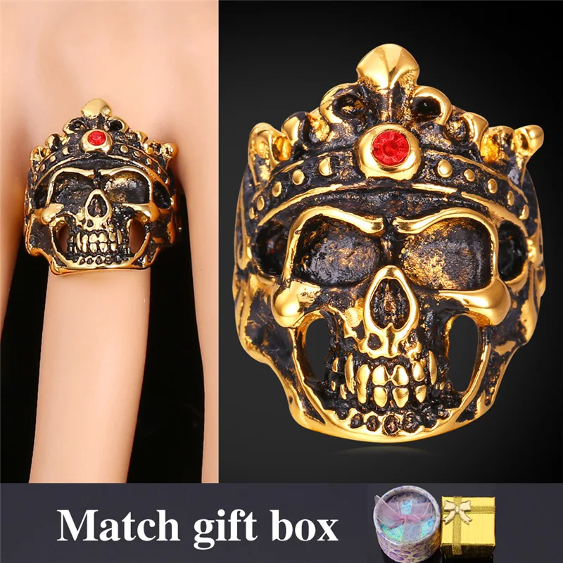 cheap Punk Rings Men #039;s Jewelry With Gift Box Wholesale Gold Color Stainless Steel King Head Big Skeleton Ring GR1546