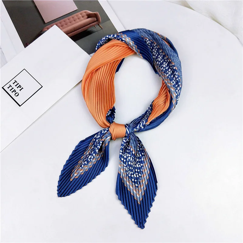 

women handle bag hair multifunctional contrast color stripe printed patchwork crumple pleated satin square silk scarf headband