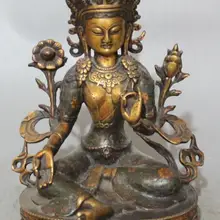 S01071 1" Тибет Фиолетовый Бронзовый Золото Перегородчатая Эмаль Зеленая Тара Кван-Инь Статуя Богини