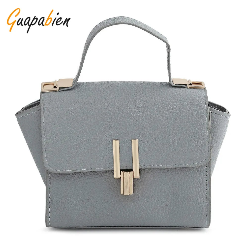 

Guapabien Women PU Leather Metal Lock Mini Bag Fashion Trapeze Handbag Solid Black Gray OL Dress Shoulder Bag For Ladies