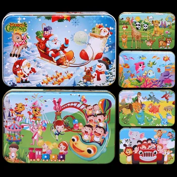 

Besegad 2 Set Cute Cartoon Wooden Educational Jigsaw Puzzle Toys with Iron Box for Children Kid Early Development Education Toy