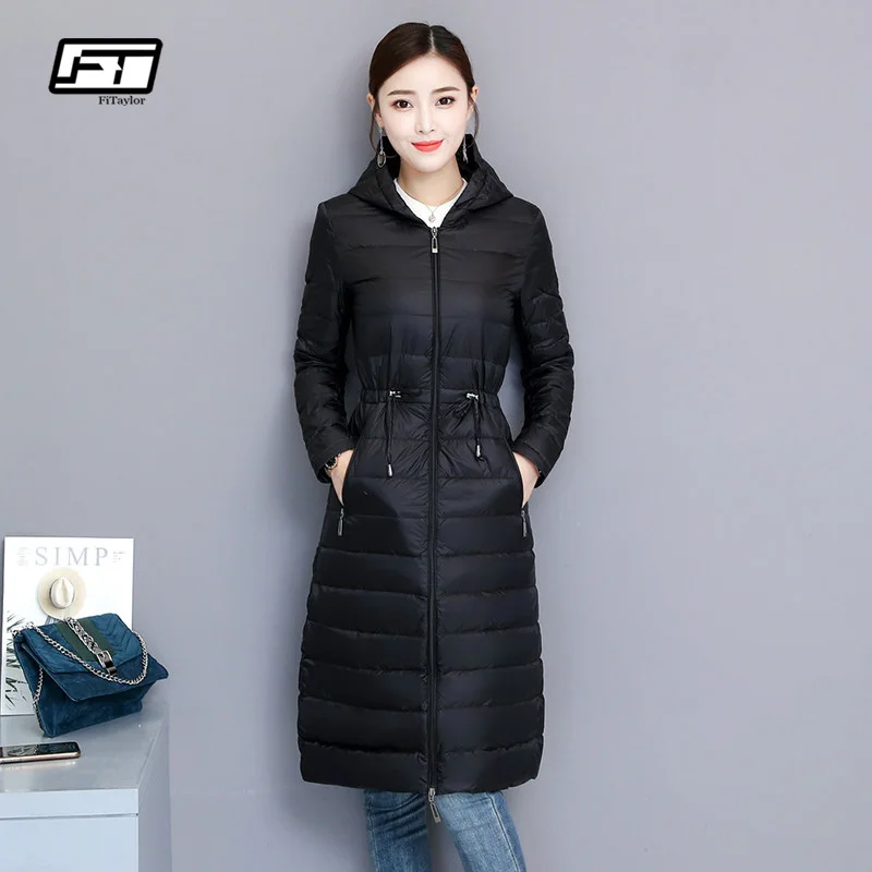 

Fitaylor Winter Women Duck Down Jacket Medium Long Slim Hooded Parkas 90% Ultra Light Down Coat Casual OL Outwear