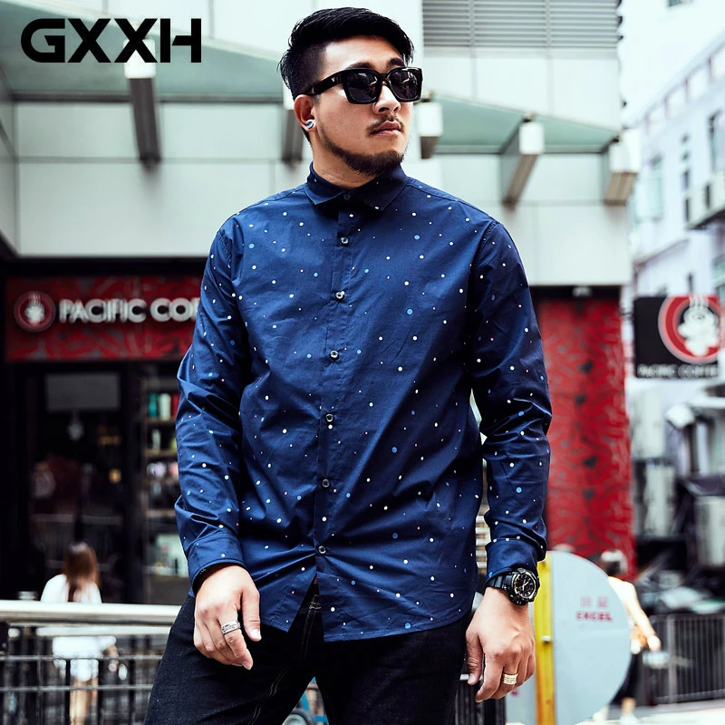 

GXXH Big Size Men's Casual Shirt New Autumn Point Print Long Sleeved Big and Tall Men's Camisa Oversized 6XL 7XL Men Shirt Blue
