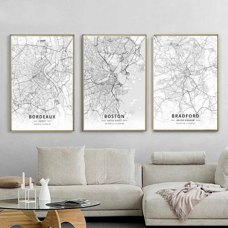 

City Map Bordeaux Franc Boston United State Bradford United Kingdo Poster Living Room Art Picture Home Decor Canvas Painting