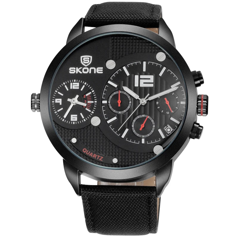 SKONE Male Date Chronograph Watches Men Canvas Strap Big Face Waterproof Sport Watch Casual Army Military
