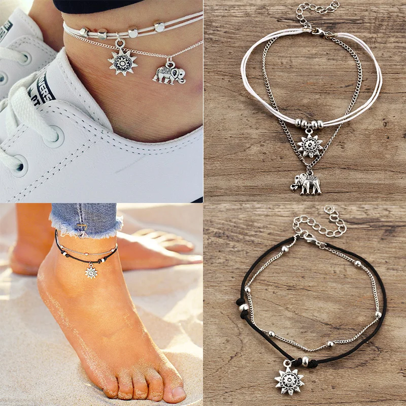 

New Arrival Elephant Multiple Layers Anklets Unique Hot Sale Black Allergy Free Adjustable White Graceful High Quality 2018 1PC
