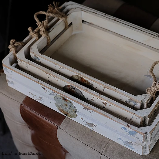 set 3 stack shabby white shallow small wooden storage crates (2)