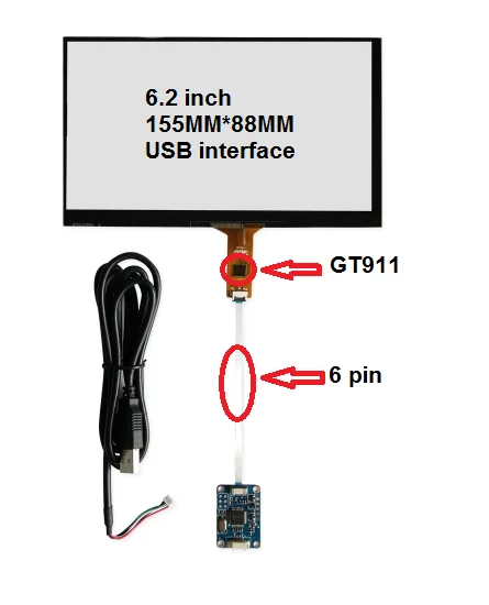 

6.2 inch capacitive touch screen 155*88 IC: GT911 6 pin USB control card is applicable to Windows 7 8 10 free drive